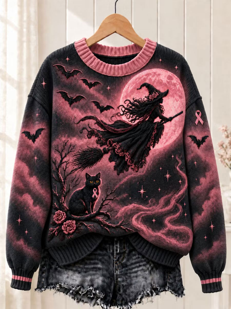 Women's Breast Cancer Awareness Halloween Witch Crew Neck Sweater