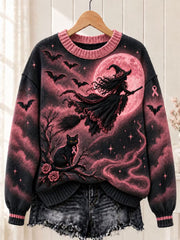 Women's Breast Cancer Awareness Halloween Witch Crew Neck Sweater