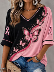 Women's Breast Cancer Pink Butterfly Mid-length Sleeves V-Neck T-Shirt