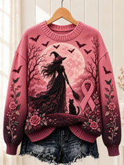 Women's Breast Cancer Awareness Halloween Witch Crew Neck Sweater