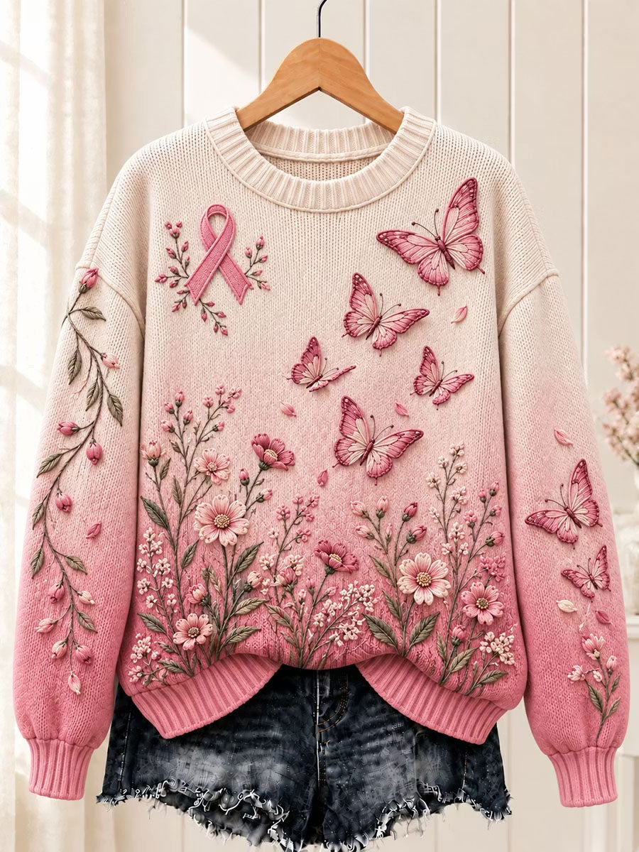 Women's Breast Cancer Pink Butterfly Crew Neck Sweater