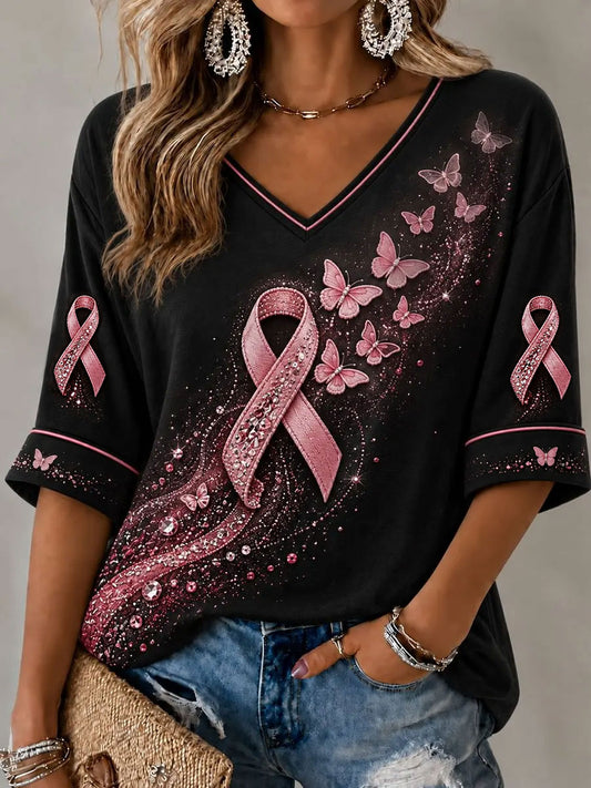 Women's Breast Cancer Pink Butterfly Mid-length Sleeves V-Neck T-Shirt