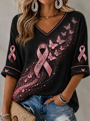 Women's Breast Cancer Pink Butterfly Mid-length Sleeves V-Neck T-Shirt