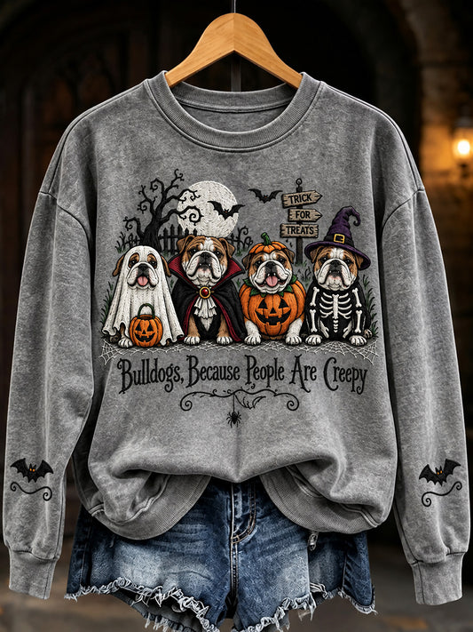 Women's Vintage Halloween Bulldogs Because People Are Creepy Print Cozy Sweatshirt
