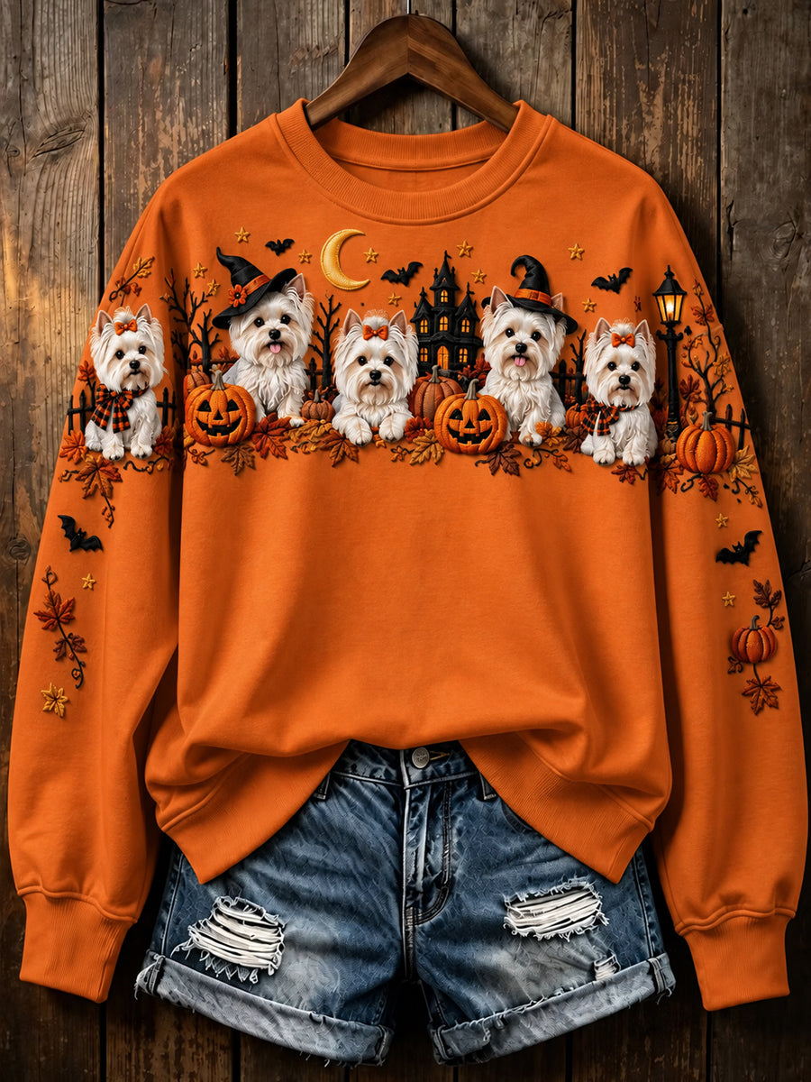 Women's Funny Halloween Witch Dog Pumpkin Art Print Casual Sweatshirt