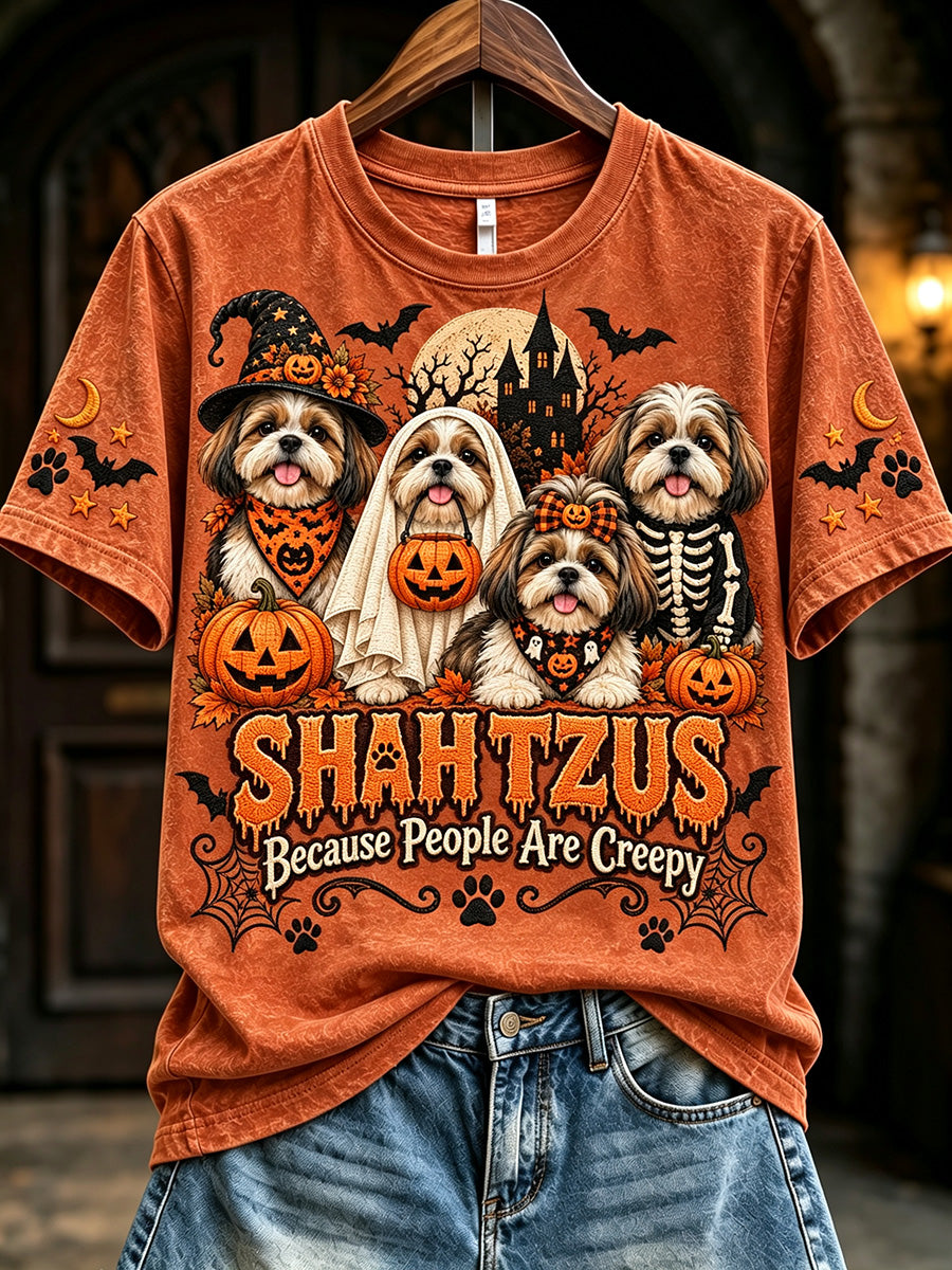 Women's Vintage Halloween Shih Tzus Because People Are Creepy Print Short-sleeved T-shirt