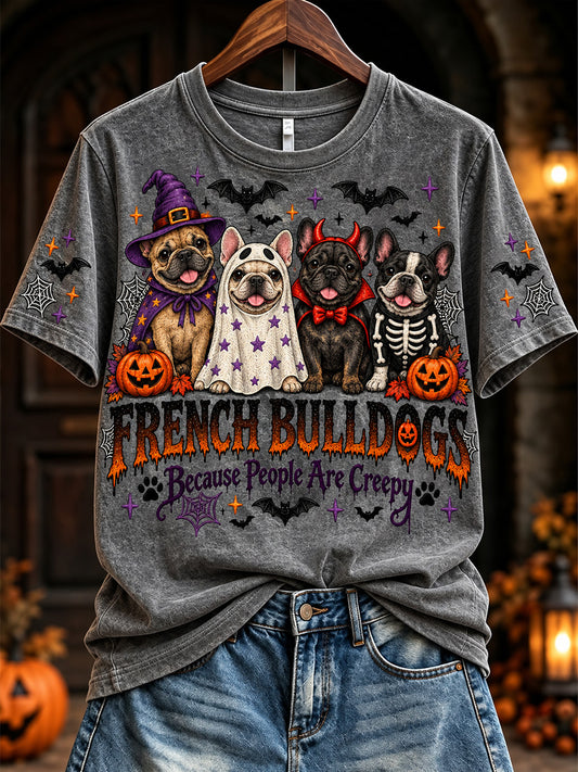 Women's Vintage Halloween French Bulldogs Because People Are Creepy Print Short-sleeved T-shirt