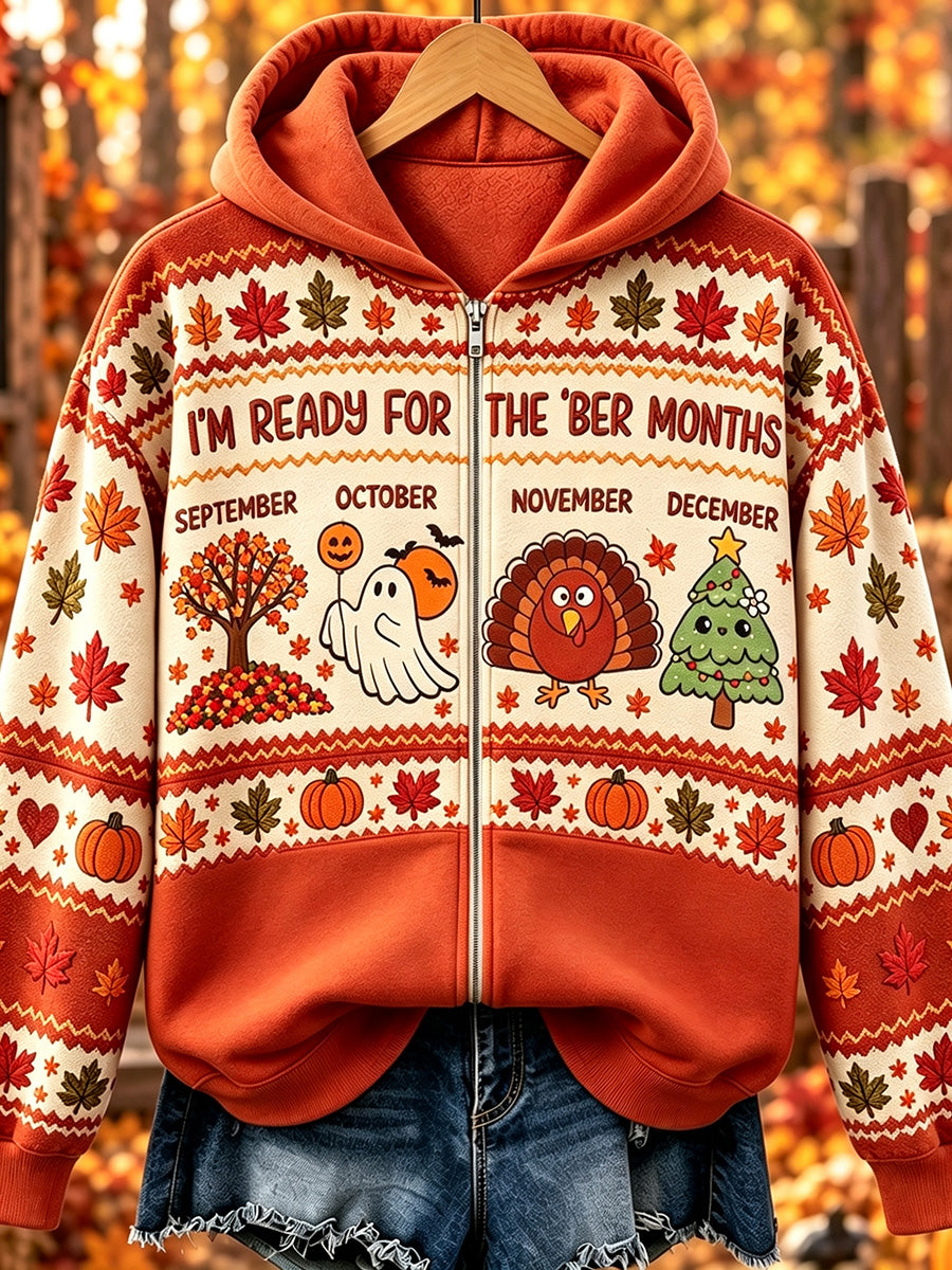 Women's Vintage I'm Ready For The 'ber Months Print Full Zip Hoodie