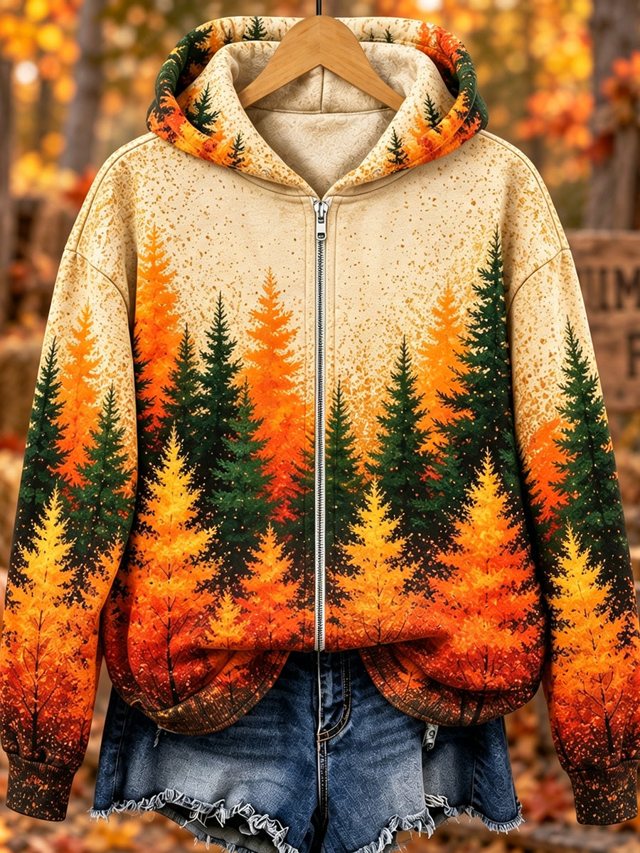 Women's Vintage Fall Tress Print Cozy Full Zip Hoodie