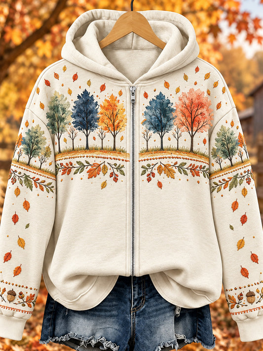 Women's Vintage Fall Tress Print Cozy Full Zip Hoodie
