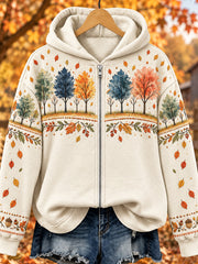 Women's Vintage Fall Tress Print Cozy Full Zip Hoodie