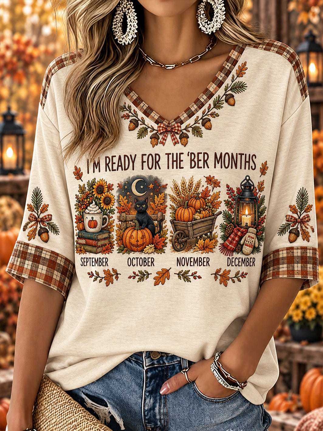Women's Autumn Element Pattern Design Casual Mid-length Sleeves V-Neck T-Shirt