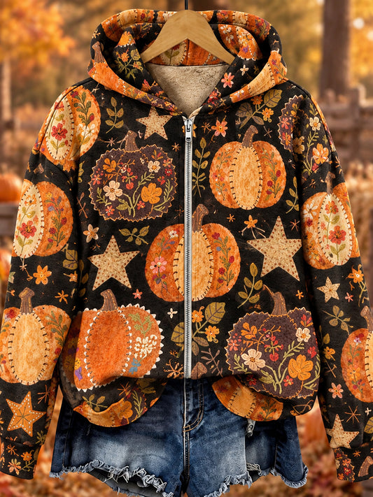 Women's Vintage Fall Pumpkins Print Cozy Full Zip Hoodie