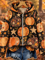 Women's Vintage Fall Pumpkins Print Cozy Full Zip Hoodie