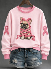 Women's Pink Ribbon French Bulldog Print Casual Regular Sweatshirt