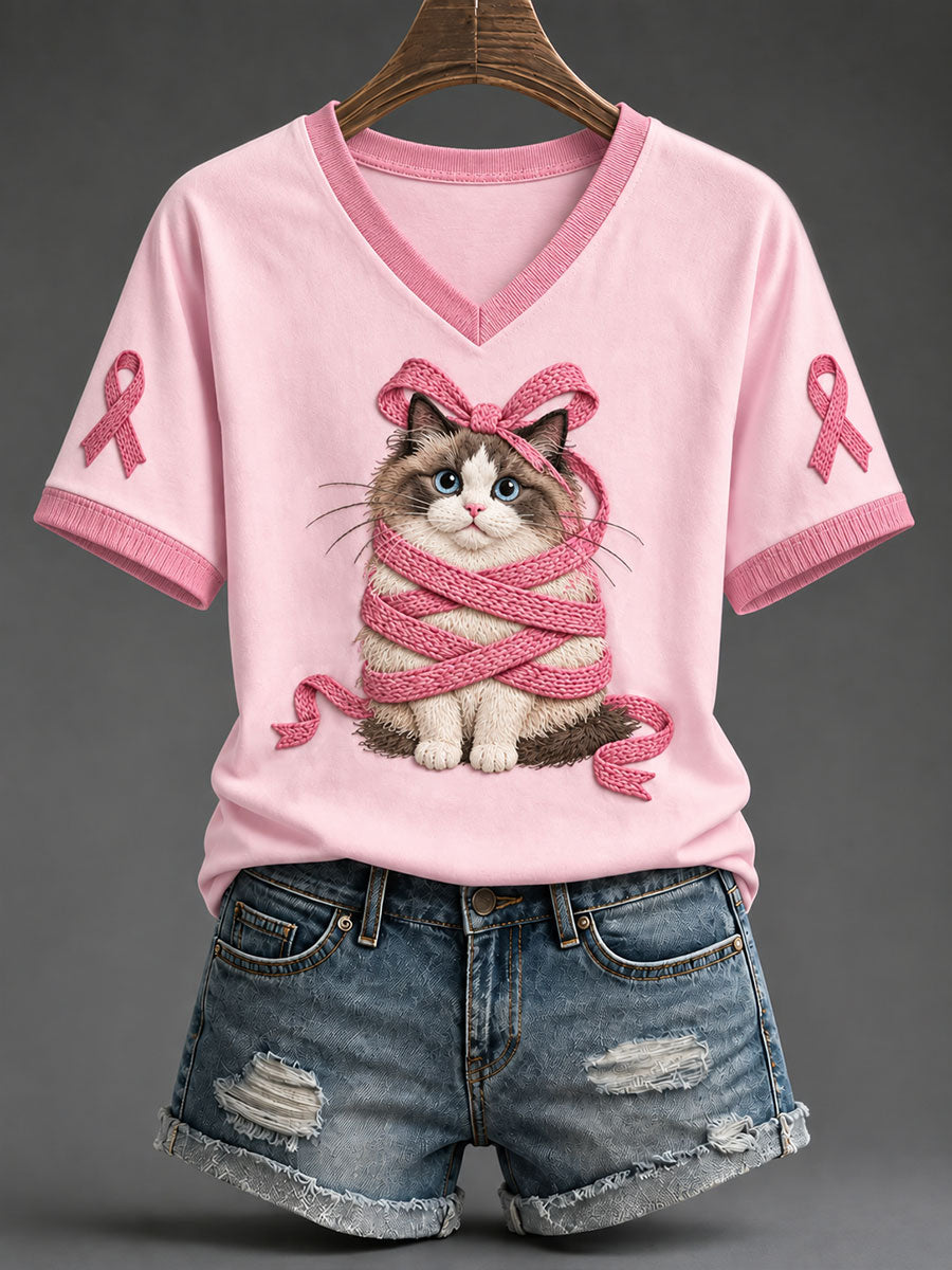 Women's Pink Ribbon Ragdoll Cat Print Casual T-Shirt