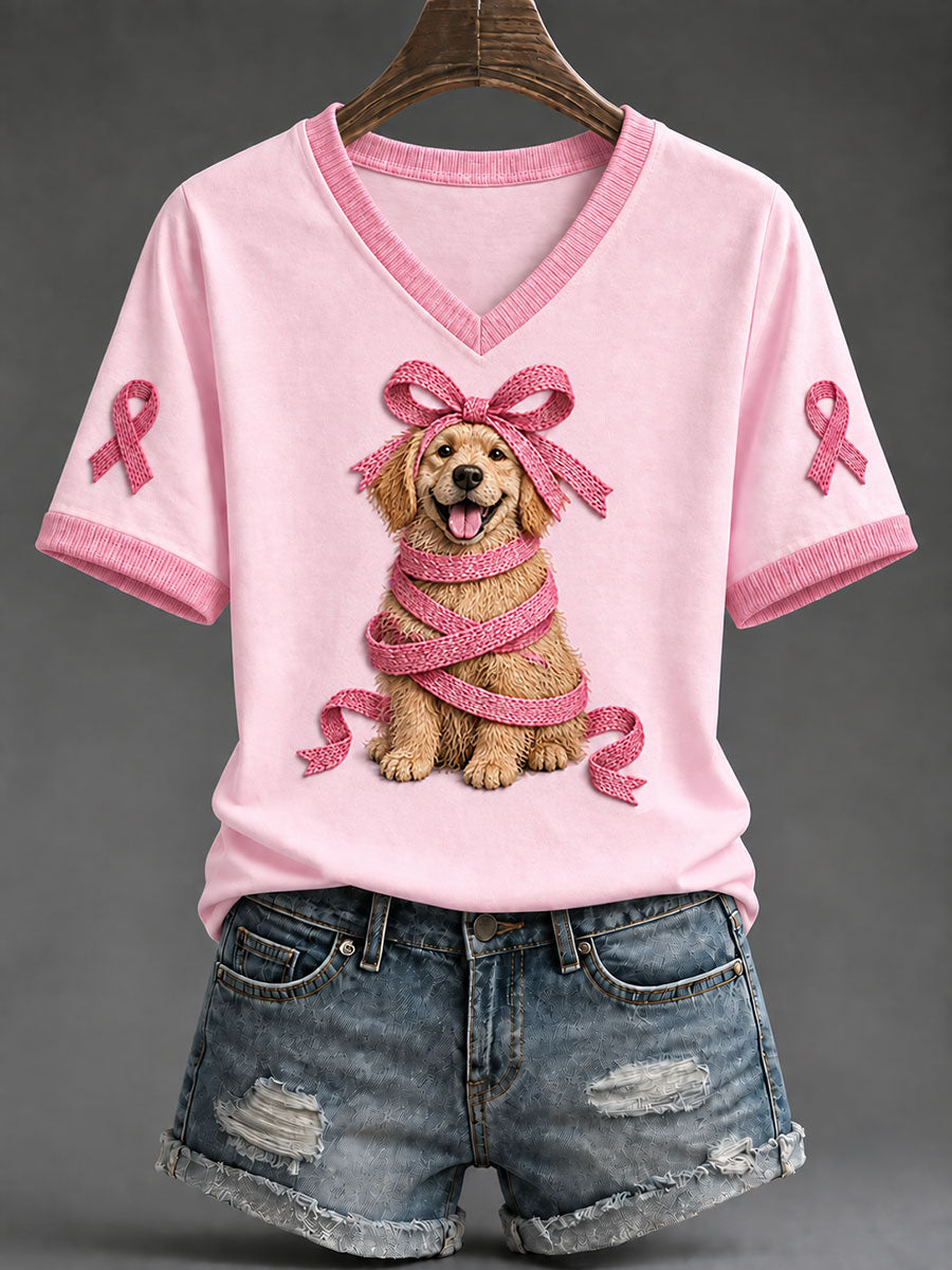 Women's Pink Ribbon Golden Retriever Print Casual T-Shirt