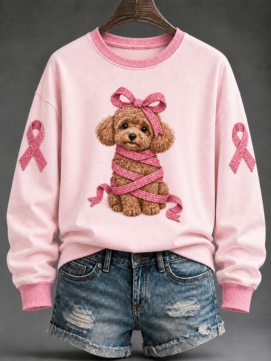 Women's Pink Ribbon Poodle Print Casual Regular Sweatshirt