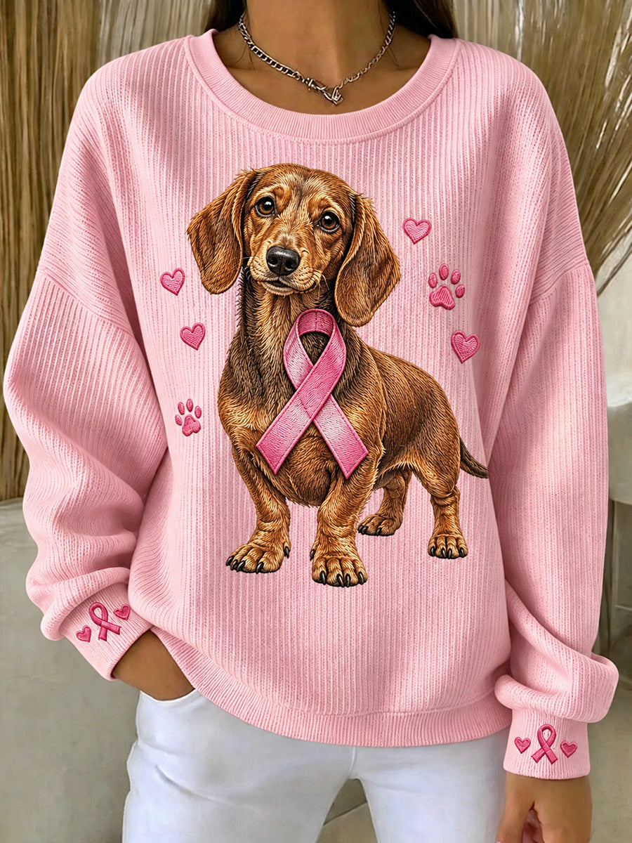 Women's Pink Ribbon Dachshund Dog Print Round Neck Sweatshirt