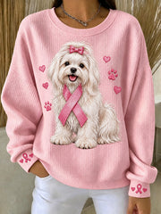 Women's Pink Ribbon Maltese Dog Print Round Neck Sweatshirt