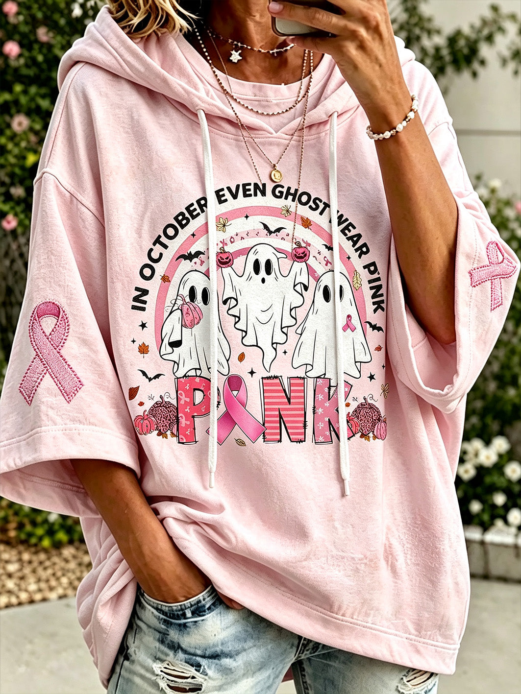Women's Halloween elements and pink charity ribbon pattern printed casual hoodie