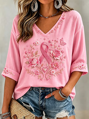 Women's Breast Cancer Mid-length Sleeves V-Neck T-Shirt