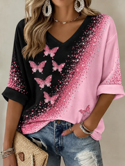 Women's Breast Cancer Mid-length Sleeves V-Neck T-Shirt