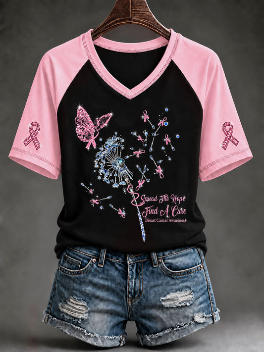 Women's Pink Rhinestone Butterfly Breast Cancer Awareness Short-Sleeved T-Shirt