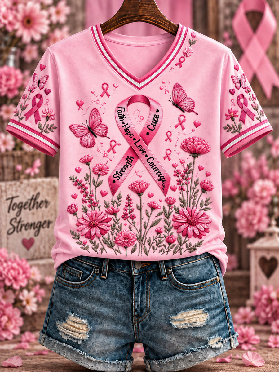 Women's Breast Cancer Pink Printed V-neck T-shirt