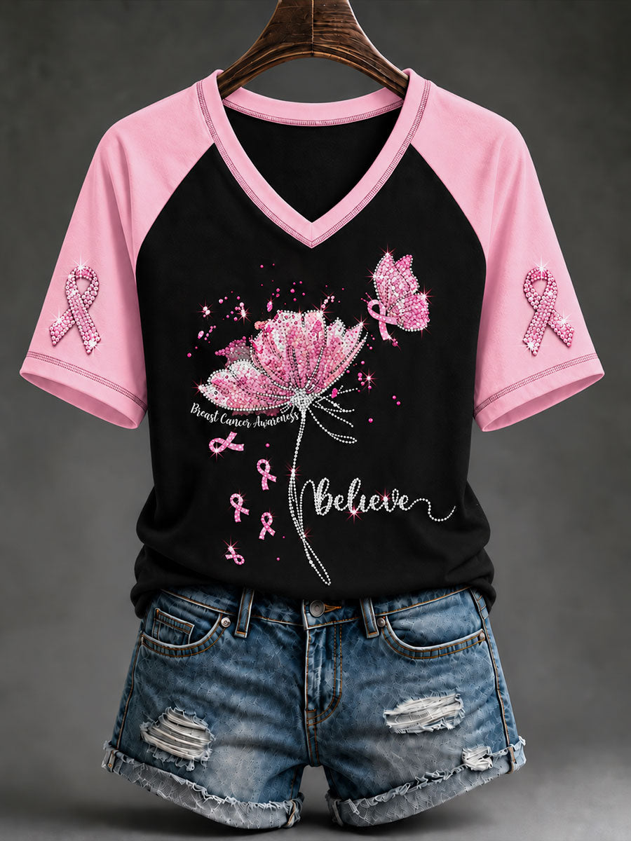 Women's Pink Rhinestone Butterfly Breast Cancer Awareness Short-Sleeved T-Shirt