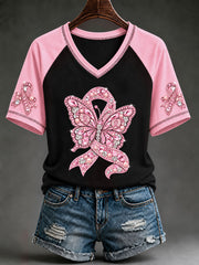 Women's Pink Rhinestone Butterfly Breast Cancer Awareness Short-Sleeved T-Shirt