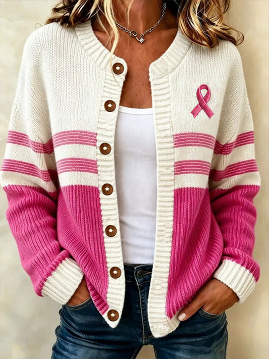 Women's Breast Cancer Awareness Print Cardigan-Style Knit Jacket