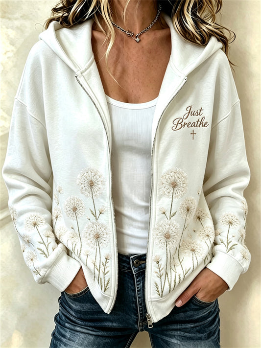 Women's Just Breathe Classy Dandelion Art Print Christian Full Zip Hoodie