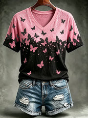 Women's Breast Cancer Awareness Butterfly Print Short-sleeved T-shirt