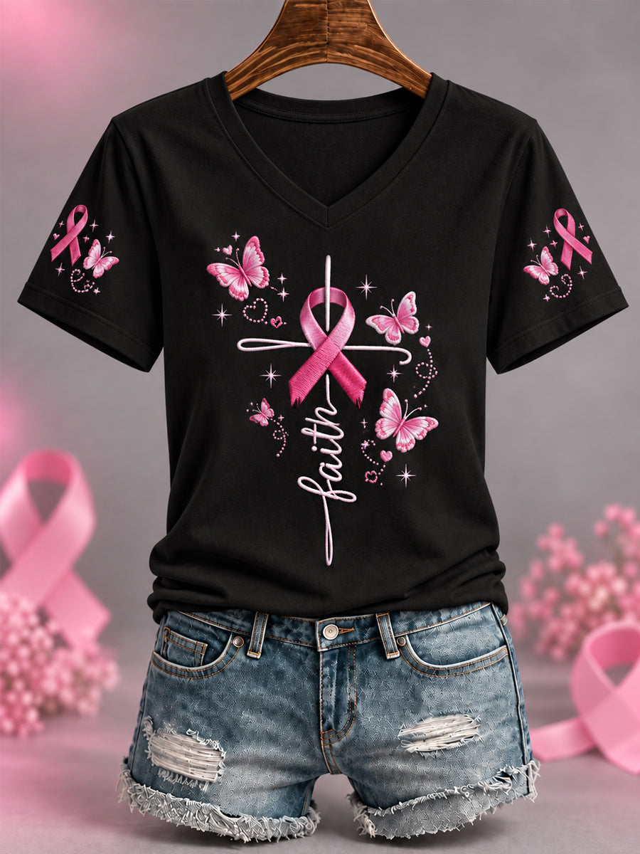 Women's Pink Ribbon Butterfly Cross Faith Print Breast Cancer Awareness Support V-Neck Tee