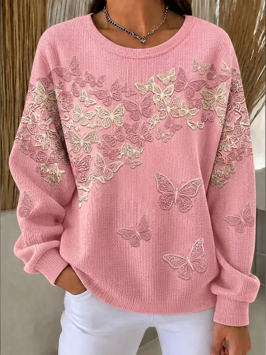 Women's Breast Cancer Awareness Butterfly Print Ribbed Round-Neck Sweatshirt