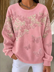 Women's Breast Cancer Awareness Butterfly Print Ribbed Round-Neck Sweatshirt