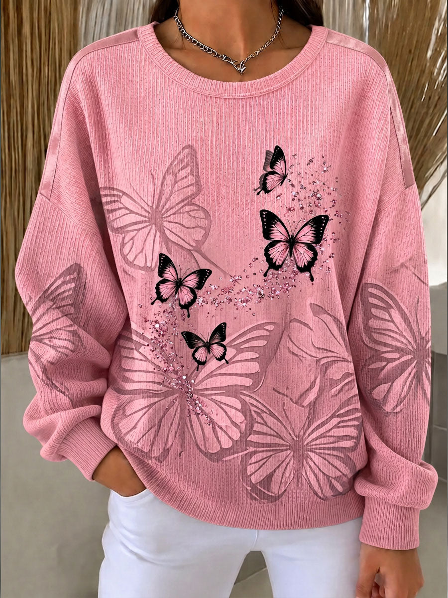 Women's Breast Cancer Awareness Butterfly Print Ribbed Round-Neck Sweatshirt