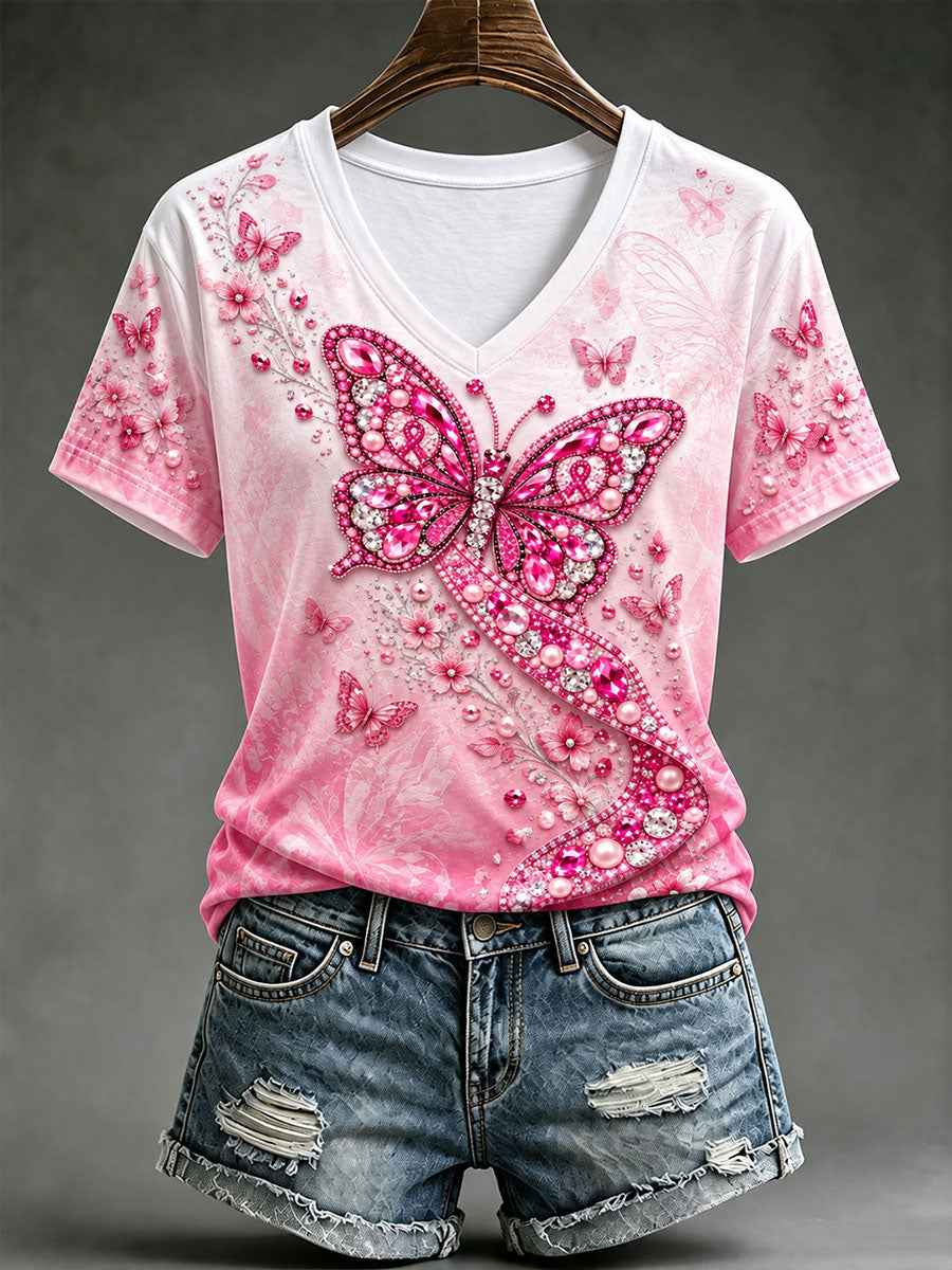 Women's Breast Cancer Awareness Butterfly Print Short-sleeved T-shirt