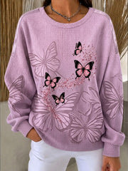Women's Breast Cancer Awareness Butterfly Print Ribbed Round-Neck Sweatshirt