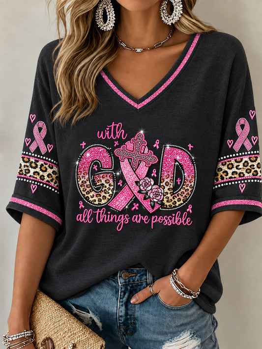 Women's Breast Cancer Pink Ribbon Faith Mid-length Sleeves V-Neck T-Shirt
