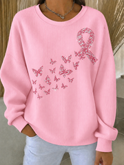 Women's Breast Cancer Ribbed Round-Neck Sweatshirt