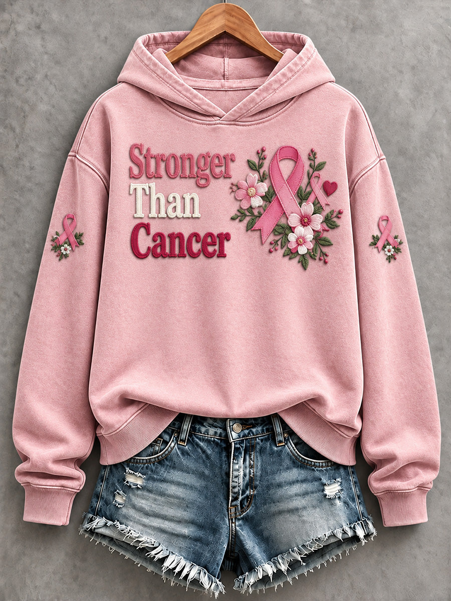Women's Vintage Stronger Than Cancer Pink Ribbon Print Hooded Sweatshirt