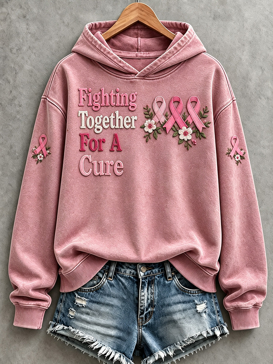 Women's Fighting Together For A Cure Pink Ribbon Print Hooded Sweatshirt