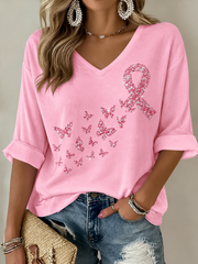 Women's Breast Cancer Mid-length Sleeves V-Neck T-Shirt