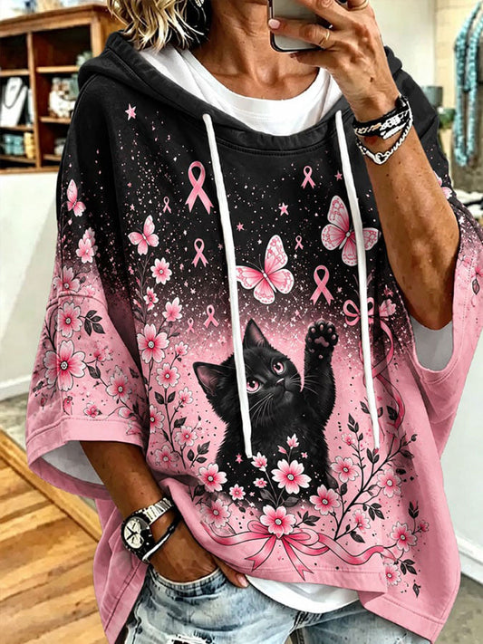 Women's Breast Cancer Awareness Cat Print Casual Hoodie