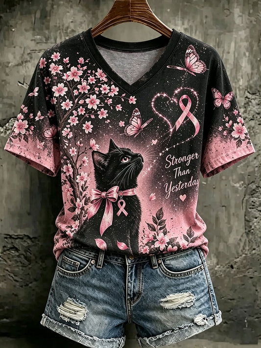 Women's Breast Cancer Awareness Cat Print Casual T-Shirt