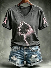 Women's Breast Cancer Awareness Cat Print Short-sleeved T-shirt