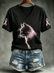 Women's Breast Cancer Awareness Cat Print Short-sleeved T-shirt