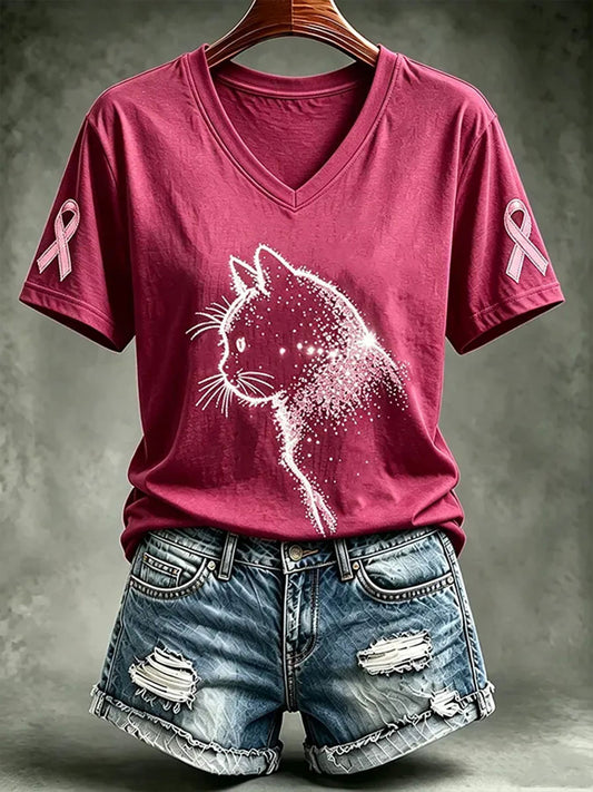 Women's Breast Cancer Awareness Cat Print Short-sleeved T-shirt